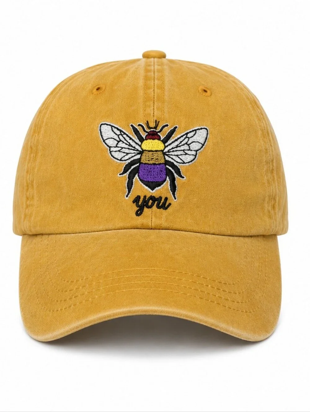Bee Embroidered Cotton Baseball Cap Mustard Yellow Adjustable Hat